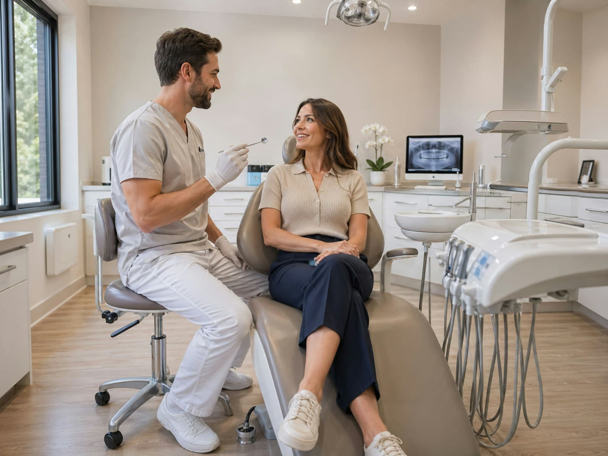 A dentist seated on a stool talks with a patient sitting in a dental chair in a bright treatment room